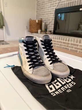 Golden Goose Slide White High-Top Sneakers with Blue & Pink Accents